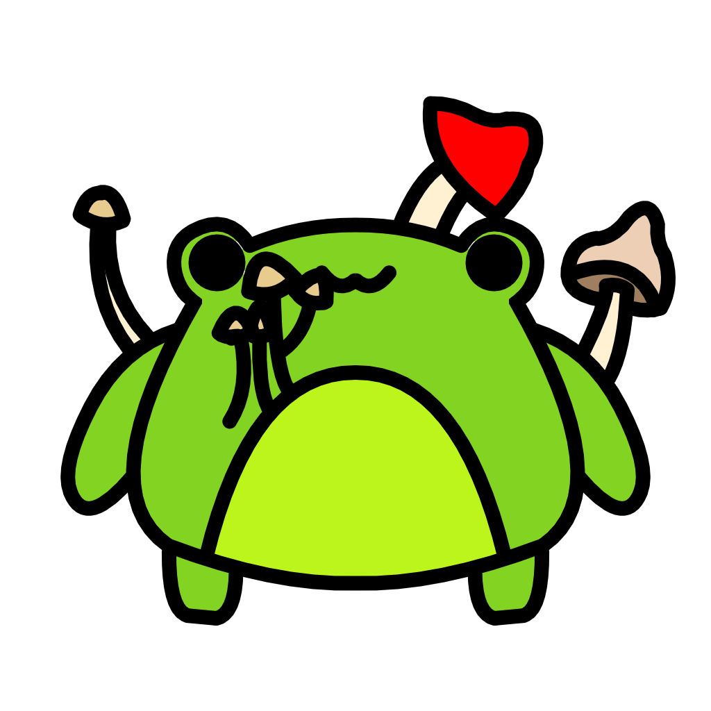 A round cartoon frog with mushrooms growing out